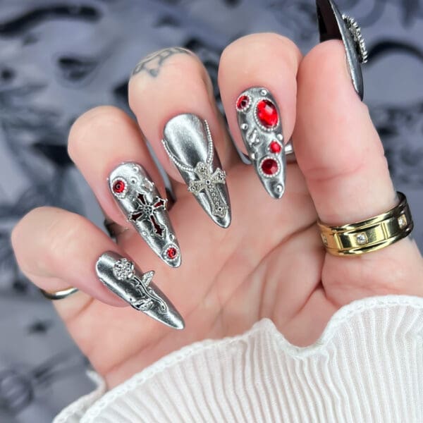 Interview With The Vampire nails by Soul of Stevie Alternative Goth & Witchy Press On Nails, gothic valentine nails, red, silver chrome, roses, hearts, cross, chains, rubies, crystals